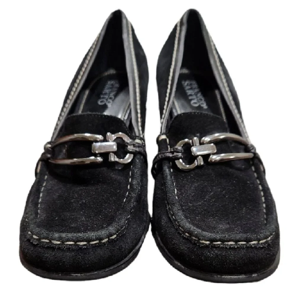 Franco Sarto Black Suede Round Toe Pump Leather Heels Size 10M